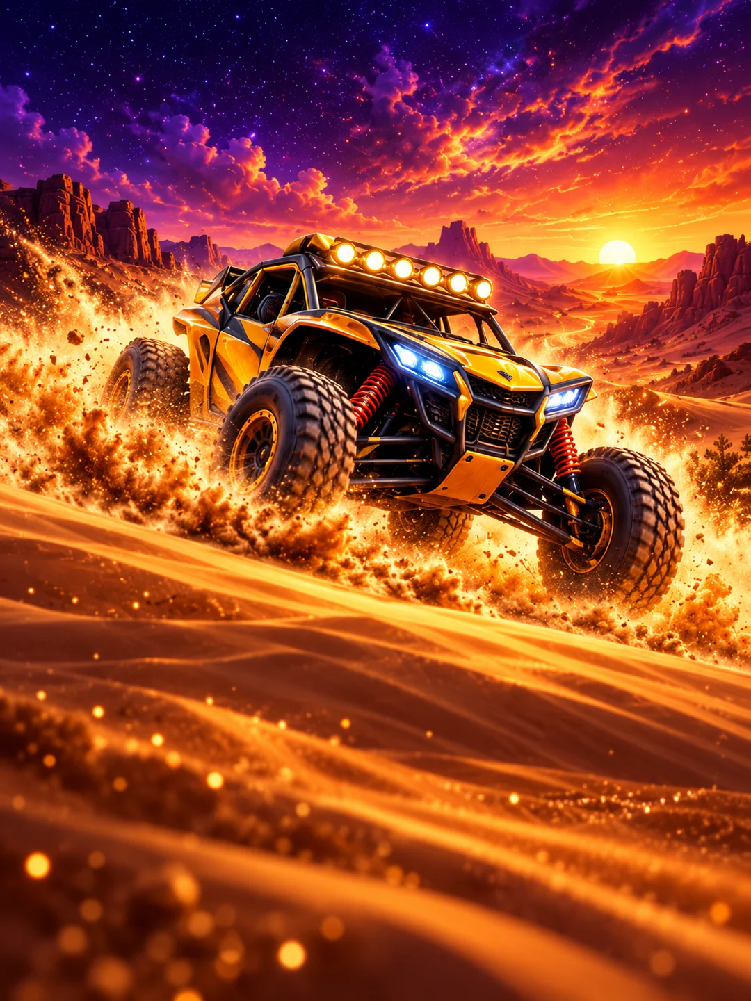 Ein orangegelber Rallyewagen auf einer Wüstendüne im Sonnenuntergang.